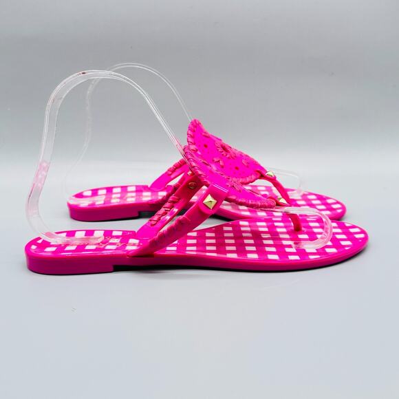 Jack Rogers Sandals Womens 7 Pink White Gingham Georgica Jelly T-Strap Thong - Picture 2 of 11